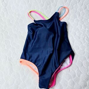 Toddler 2T swimsuit one piece wonder nation navy blue neon strappy